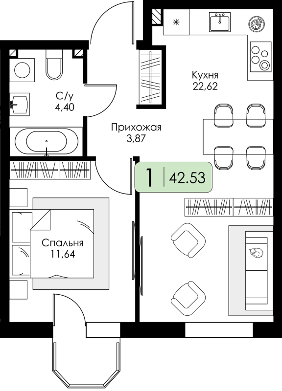 2-комнатная (Евро) квартира, 42.53 м² в ЖК "Всевгород" - планировка, фото №1