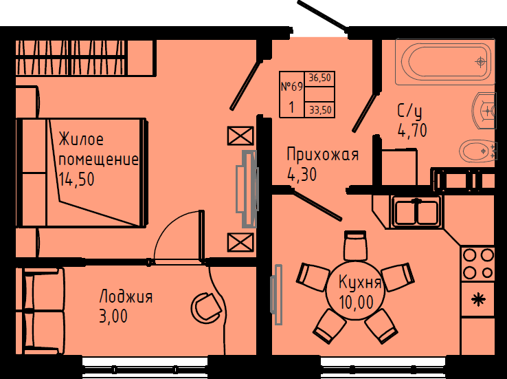 1-комнатная квартира, 36.5 м² в ЖК "Pixel" - планировка, фото №1