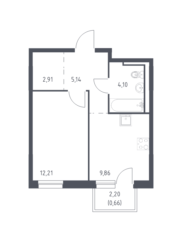 1-комнатная квартира, 34.88 м² - планировка, фото №1