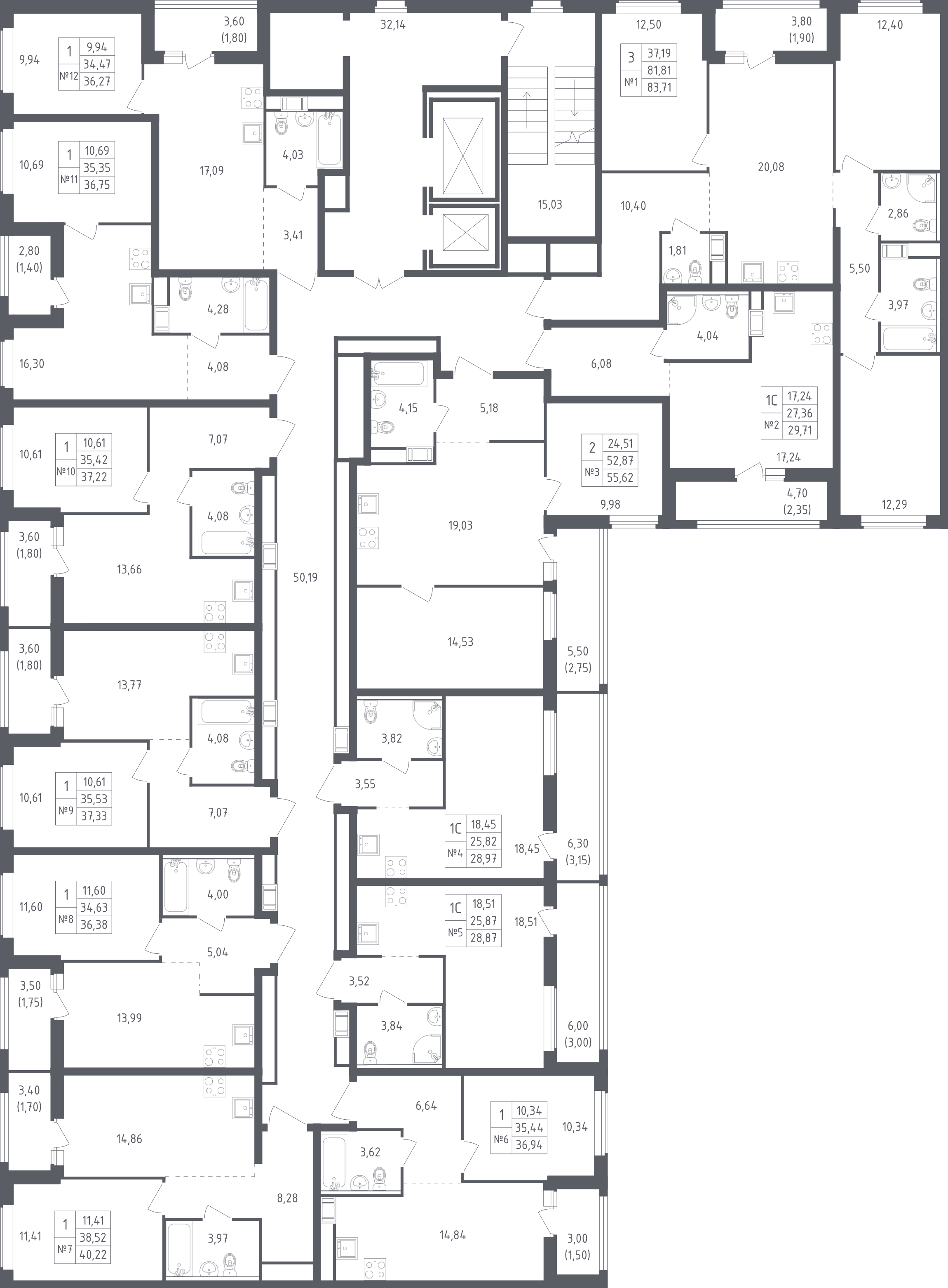 2-комнатная (Евро) квартира, 36.75 м² в ЖК "Южная Нева" - планировка этажа