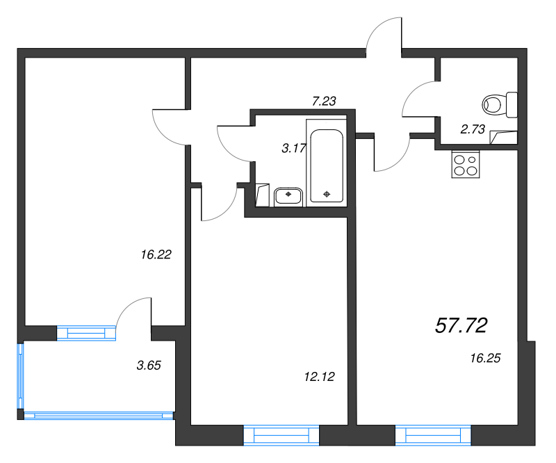 3-комнатная (Евро) квартира, 57.72 м² - планировка, фото №1