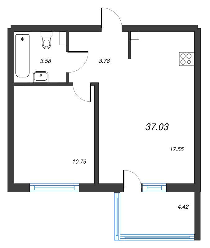 2-комнатная (Евро) квартира, 37.03 м² в ЖК "ЛесArt" - планировка, фото №1