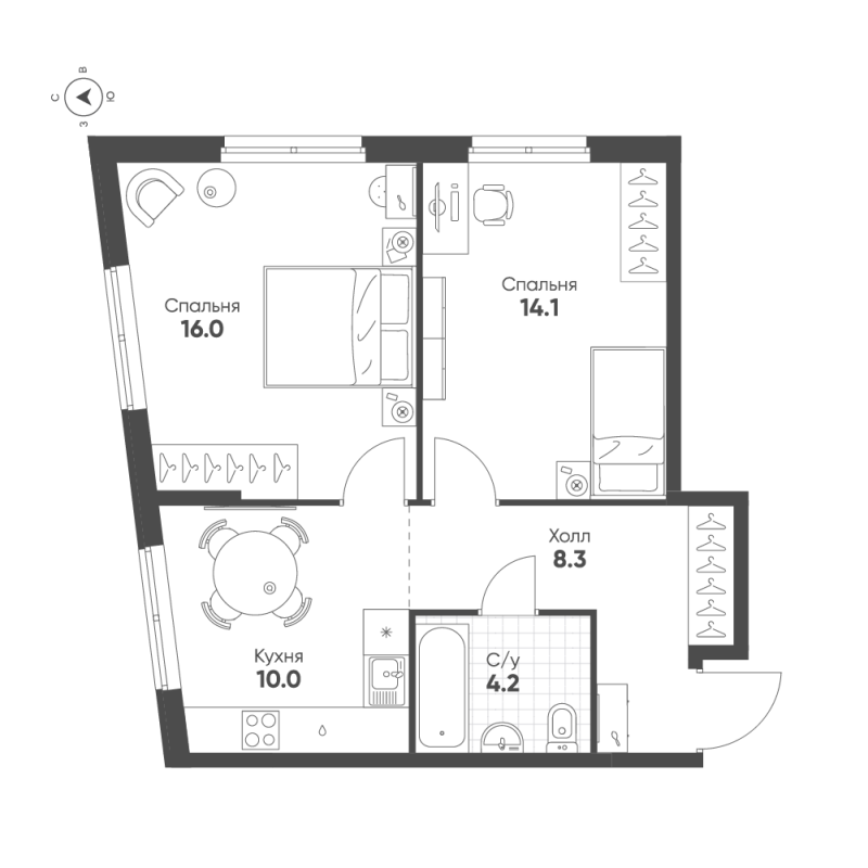 2-комнатная квартира, 52.6 м² в ЖК "Ягодное Река Парк" - планировка, фото №1