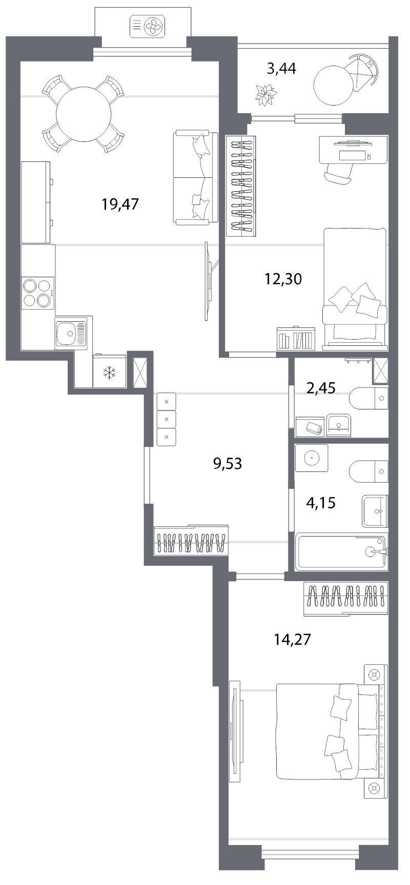 3-комнатная (Евро) квартира, 63.89 м² в ЖК "Респект" - планировка, фото №1
