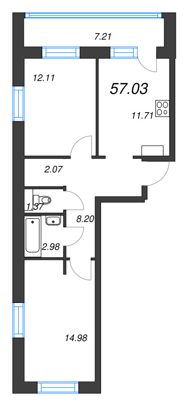 2-комнатная квартира, 57.03 м² - планировка, фото №1