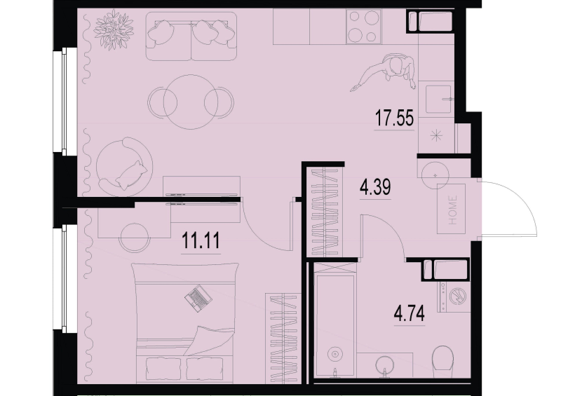2-комнатная (Евро) квартира, 37.79 м² - планировка, фото №1