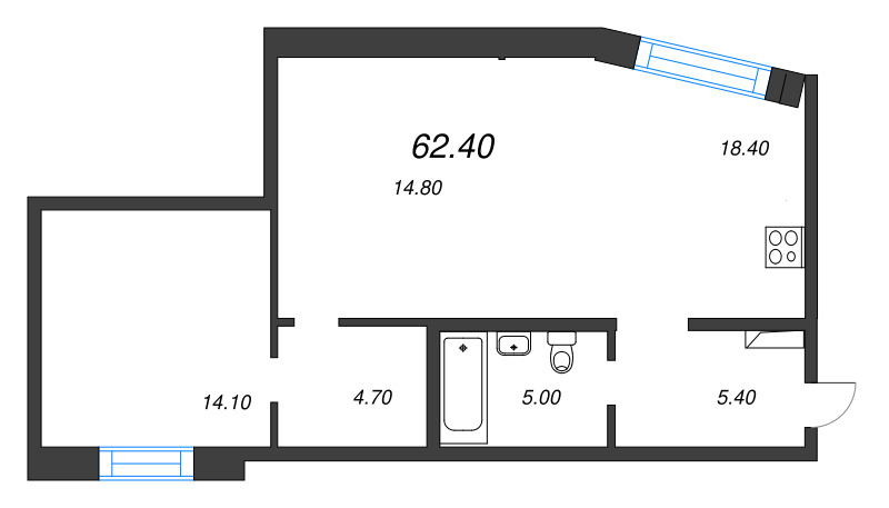 2-комнатная (Евро) квартира, 62.4 м² в ЖК "ЛДМ" - планировка, фото №1
