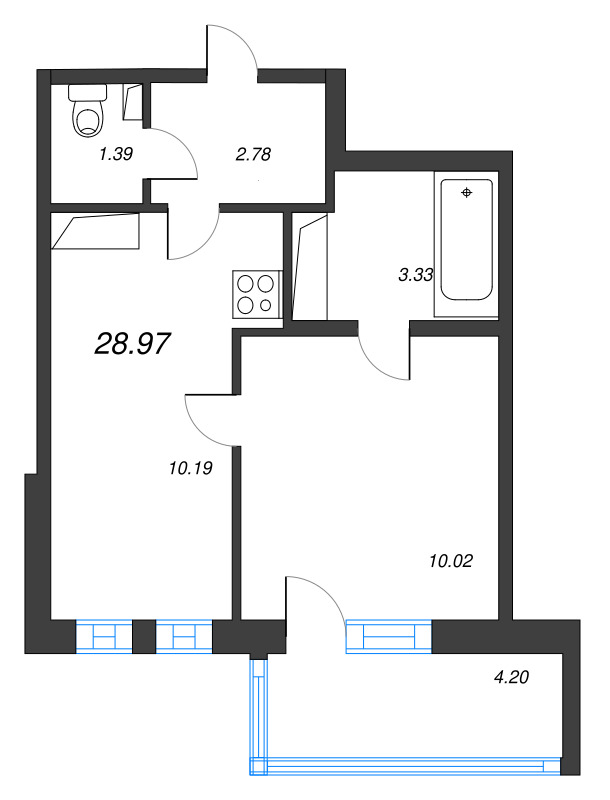 1-комнатная квартира, 28.97 м² - планировка, фото №1