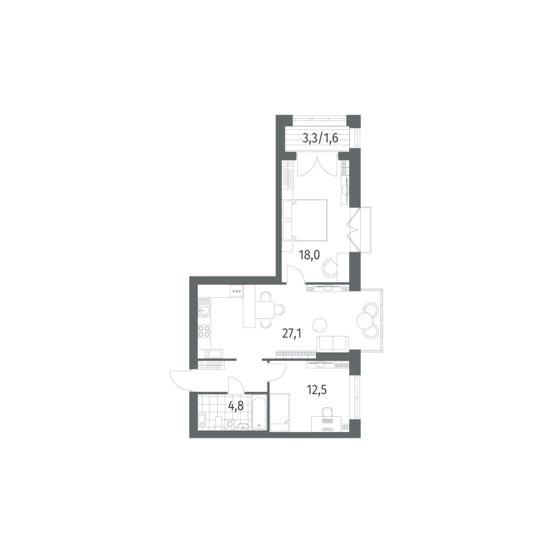 3-комнатная (Евро) квартира, 68.83 м² в ЖК "Наука" - планировка, фото №1