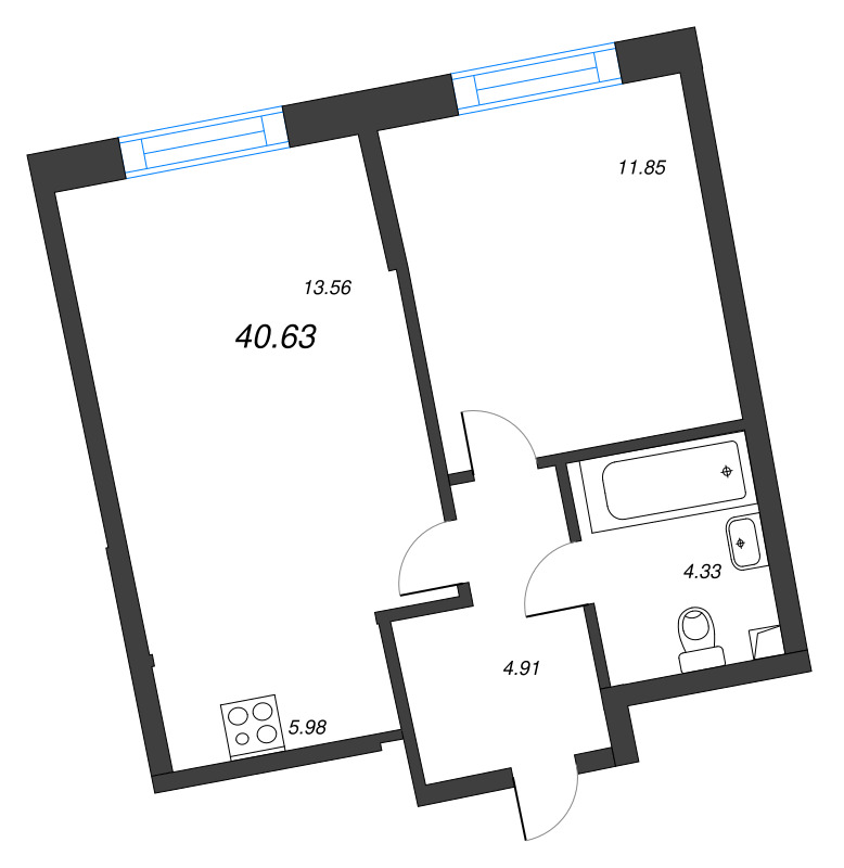 2-комнатная (Евро) квартира, 40.63 м² в ЖК "Бульвар Грина" - планировка, фото №1