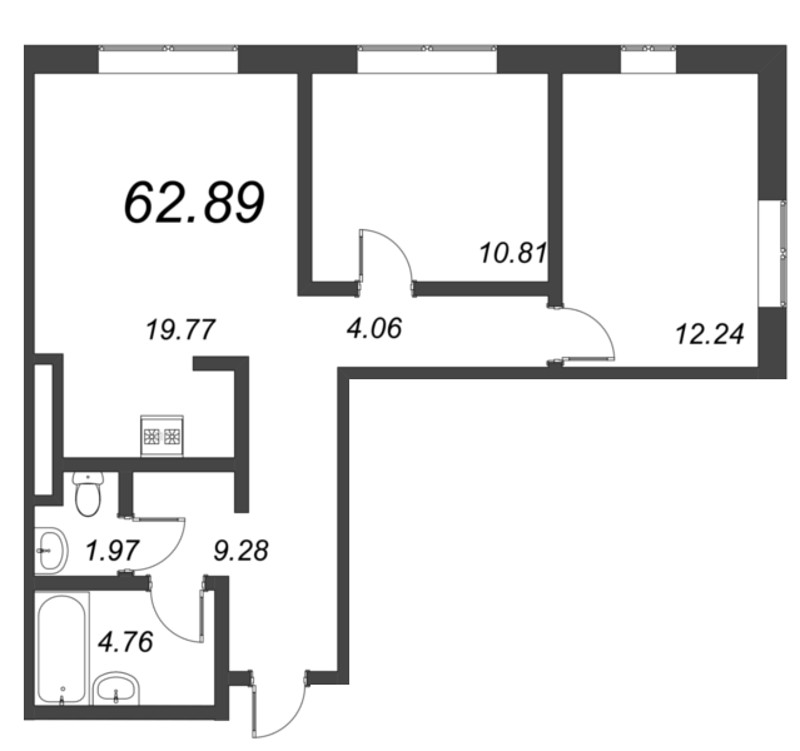 3-комнатная (Евро) квартира, 67.9 м² - планировка, фото №1