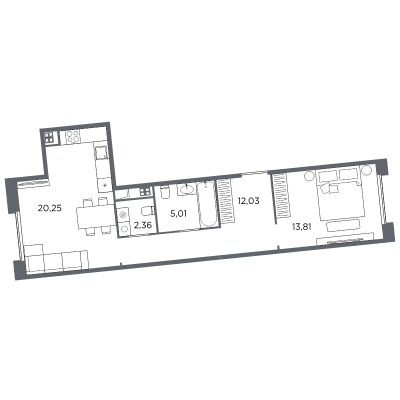 2-комнатная (Евро) квартира, 53.46 м² в ЖК "Акватория" - планировка, фото №1