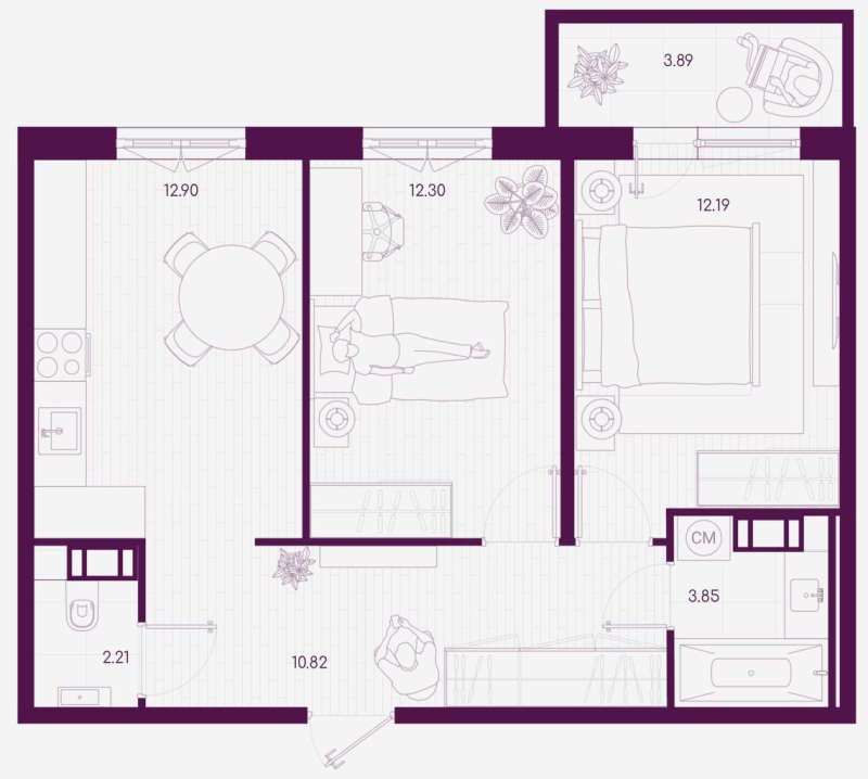 2-комнатная квартира, 55.44 м² - планировка, фото №1