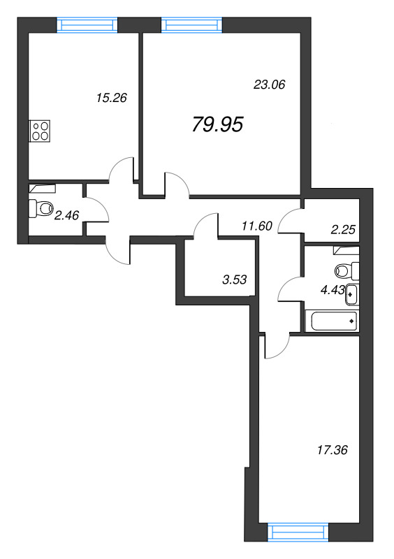 3-комнатная (Евро) квартира, 79.95 м² - планировка, фото №1