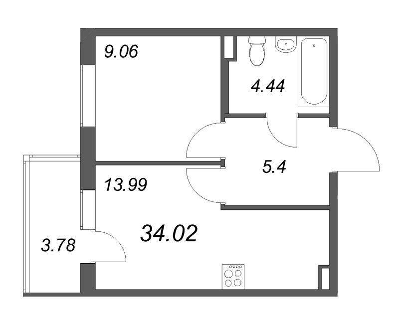 1-комнатная квартира, 34.02 м² в ЖК "Новая история" - планировка, фото №1