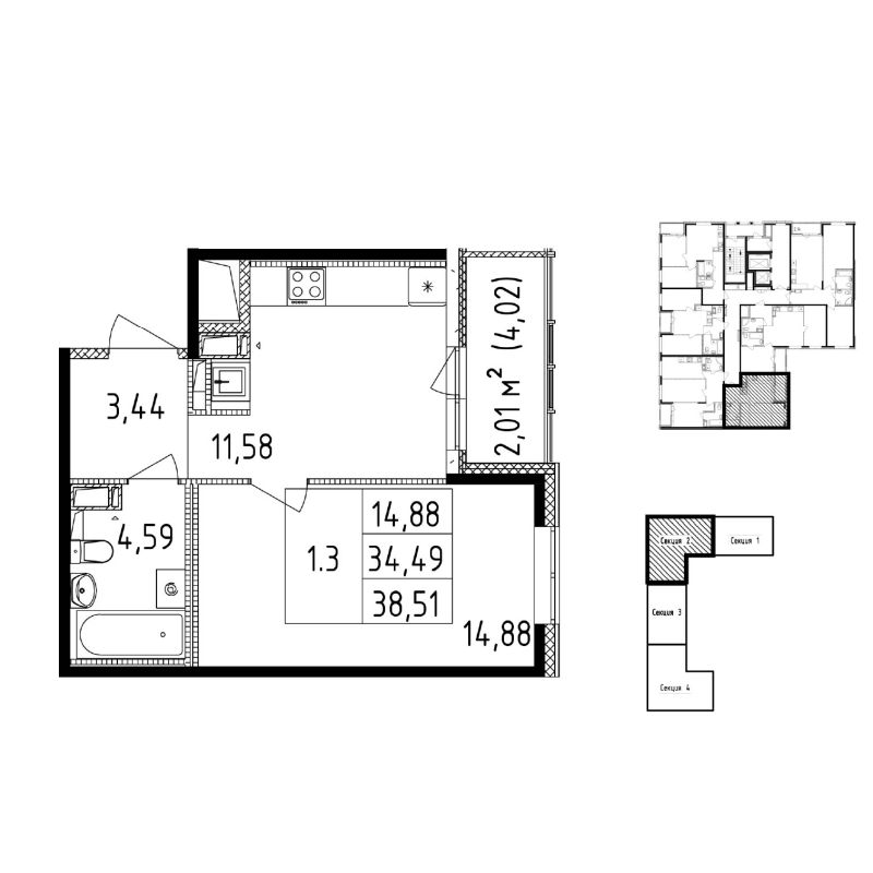 1-комнатная квартира, 34.49 м² в ЖК "Чёрная речка" - планировка, фото №1