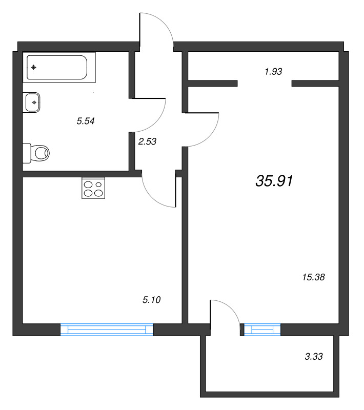 1-комнатная квартира, 35.91 м² - планировка, фото №1