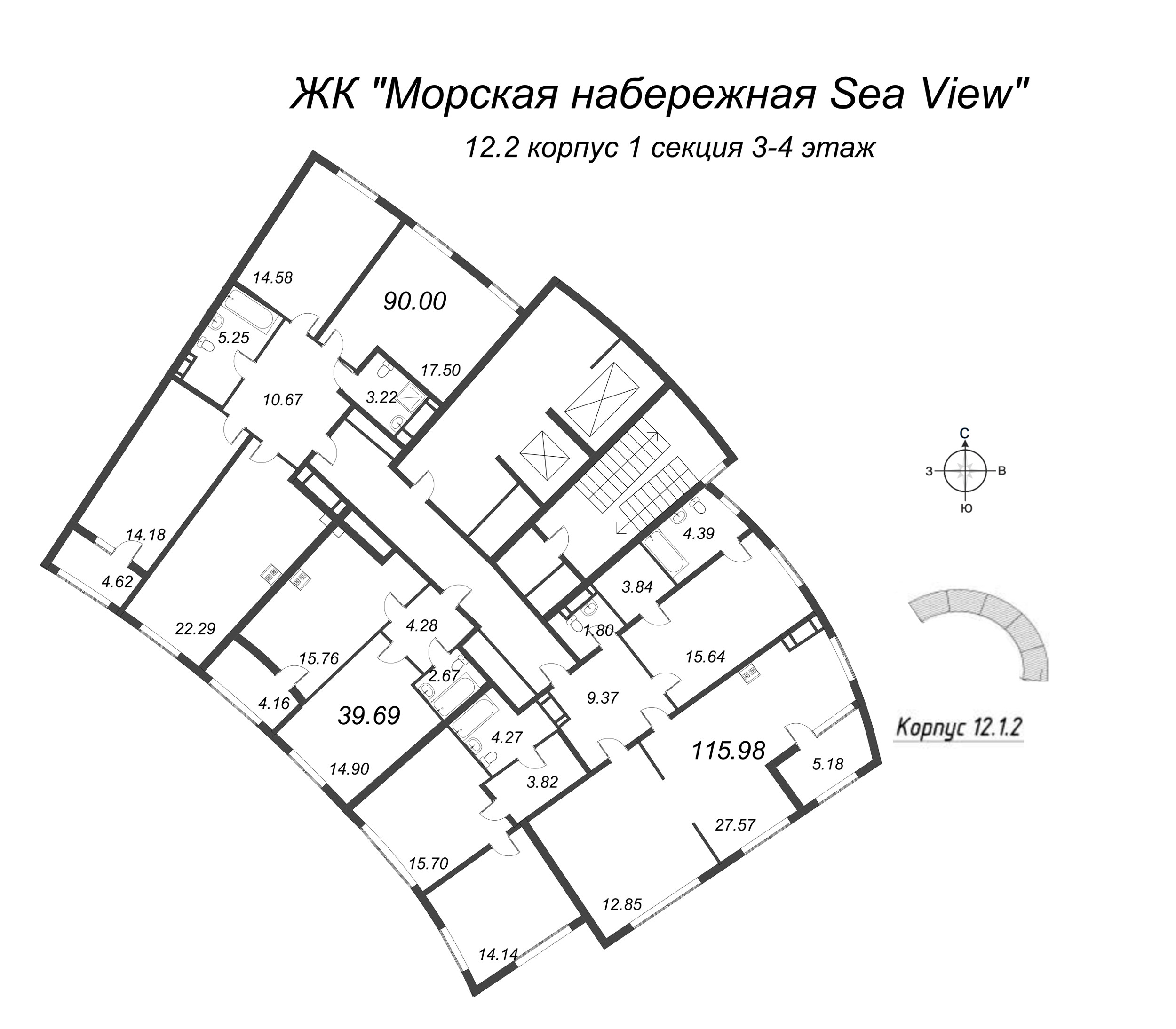 5-комнатная (Евро) квартира, 115.98 м² в ЖК "Морская набережная. SeaView" - планировка этажа