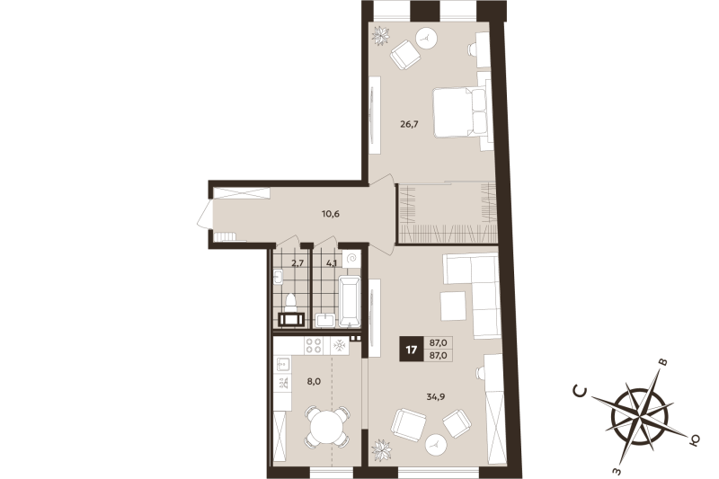 2-комнатная (Евро) квартира, 87 м² в ЖК "Дом на Бронницкой" - планировка, фото №1