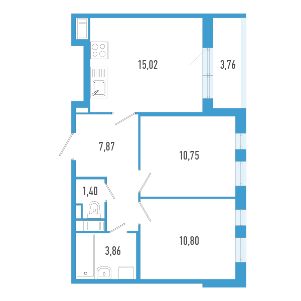 3-комнатная (Евро) квартира, 51.58 м² в ЖК "AEROCITY" - планировка, фото №1