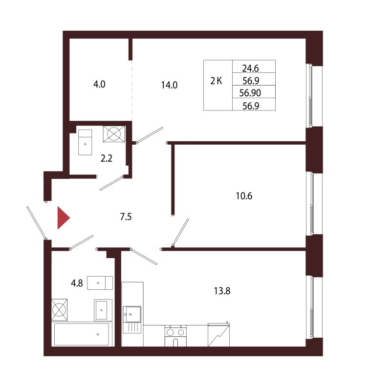 2-комнатная квартира, 56.9 м² в ЖК "Лисино" - планировка, фото №1