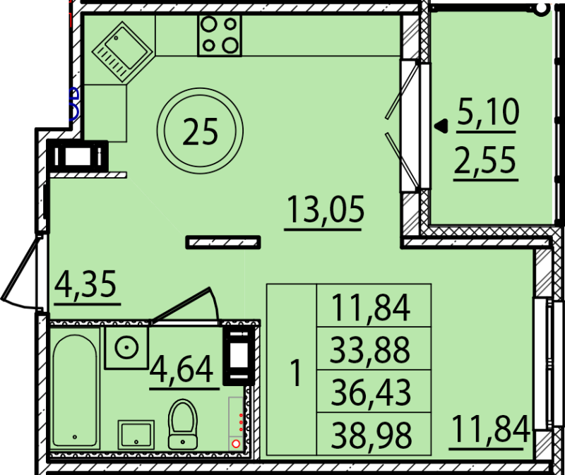 1-комнатная квартира, 33.88 м² в ЖК "Образцовый квартал 15" - планировка, фото №1