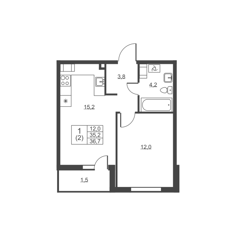 2-комнатная (Евро) квартира, 36.7 м² в ЖК "Ермак" - планировка, фото №1