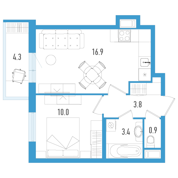 2-комнатная (Евро) квартира, 36.3 м² в ЖК "Аэросити" - планировка, фото №1