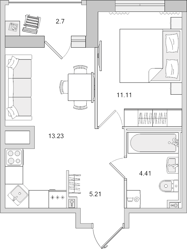 2-комнатная (Евро) квартира, 33.96 м² - планировка, фото №1