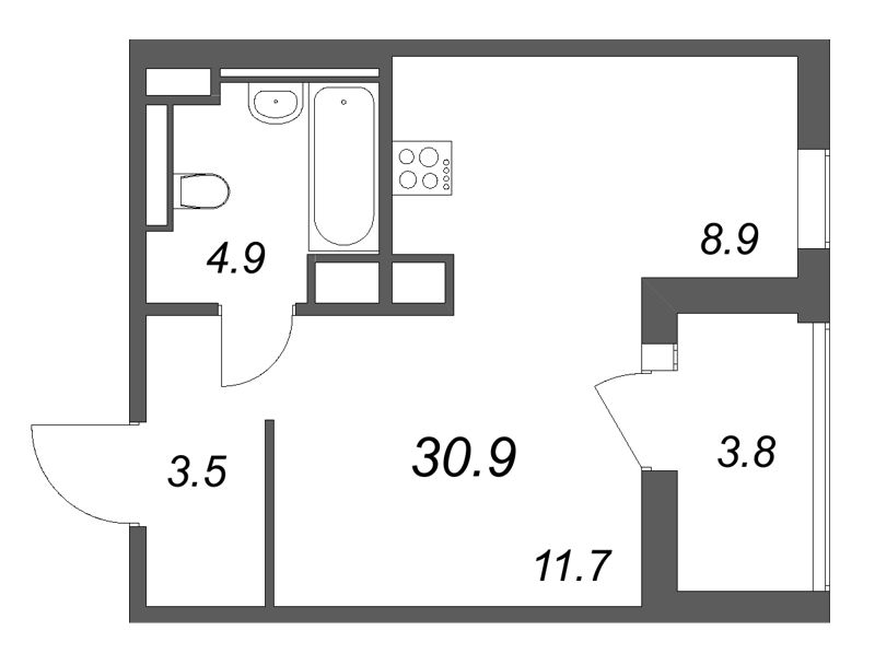 Квартира-студия, 30.9 м² - планировка, фото №1