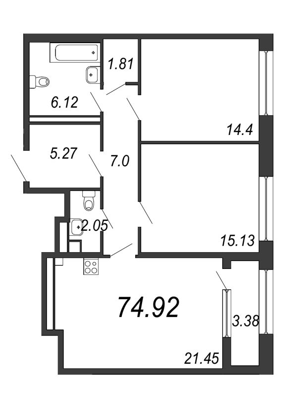 3-комнатная (Евро) квартира, 74.92 м² в ЖК "Дефанс Премиум" - планировка, фото №1