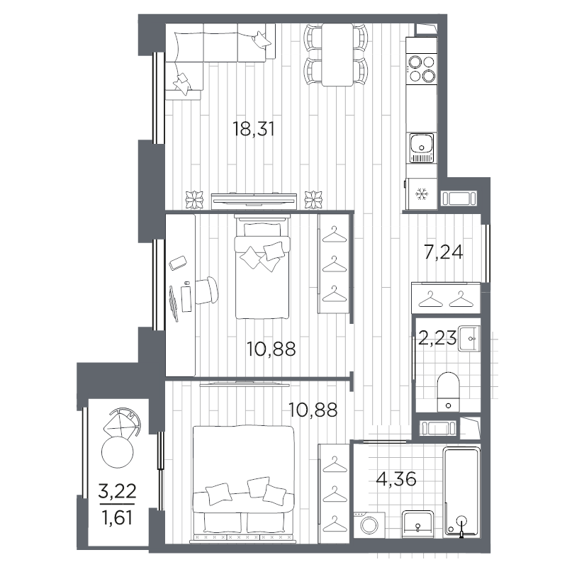 3-комнатная (Евро) квартира, 55.51 м² в ЖК "Оптимист" - планировка, фото №1
