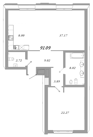 2-комнатная (Евро) квартира, 95.3 м² - планировка, фото №1