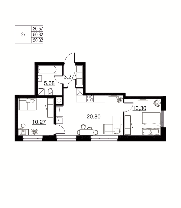 3-комнатная (Евро) квартира, 50.32 м² в ЖК "Соло. Петергоф" - планировка, фото №1