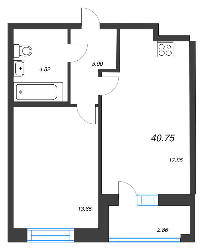 2-комнатная (Евро) квартира, 40.75 м² - планировка, фото №1