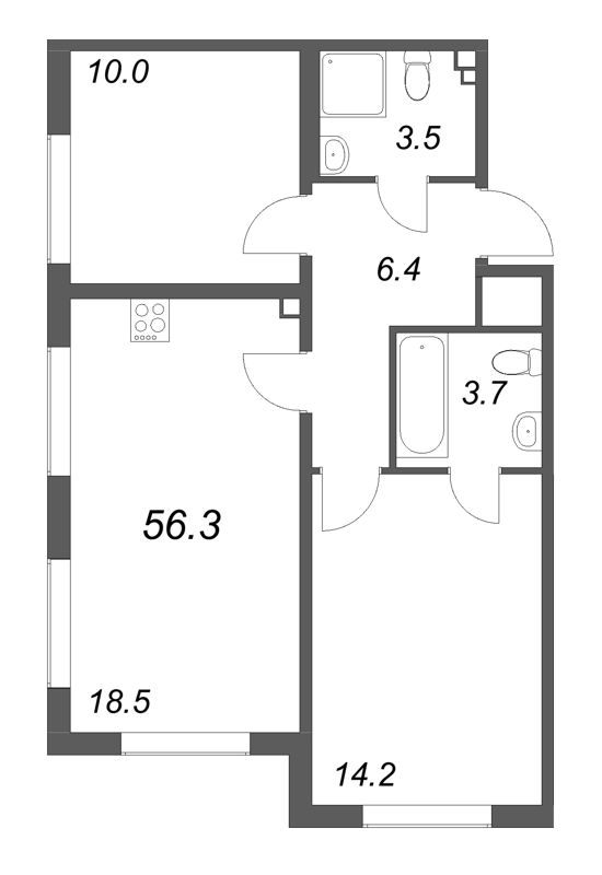 3-комнатная (Евро) квартира, 56.3 м² в ЖК "Пулково Лейк" - планировка, фото №1