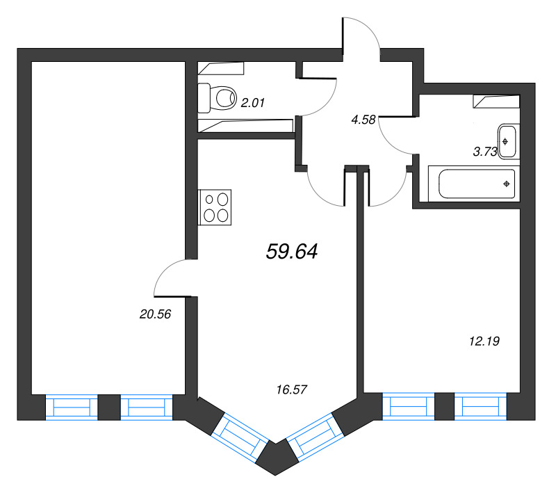 3-комнатная (Евро) квартира, 59.64 м² - планировка, фото №1