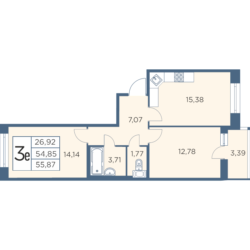 3-комнатная (Евро) квартира, 55.87 м² - планировка, фото №1
