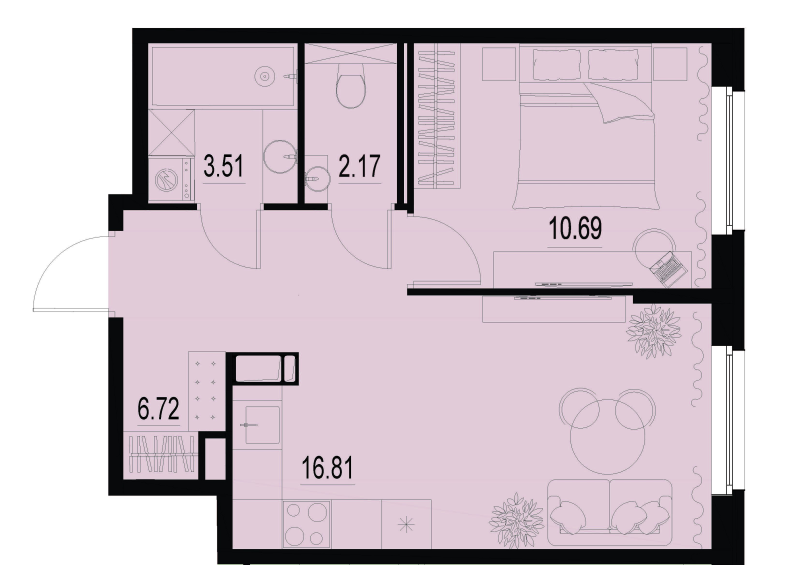 2-комнатная (Евро) квартира, 39.9 м² в ЖК "ID Murino III" - планировка, фото №1