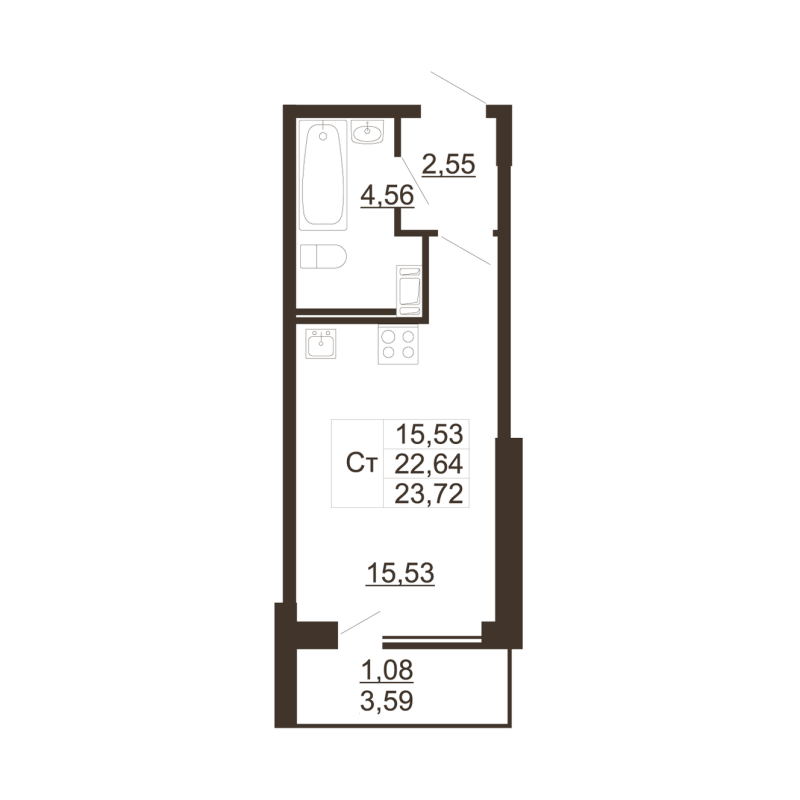 Квартира-студия, 22.3 м² в ЖК "Рубеж" - планировка, фото №1