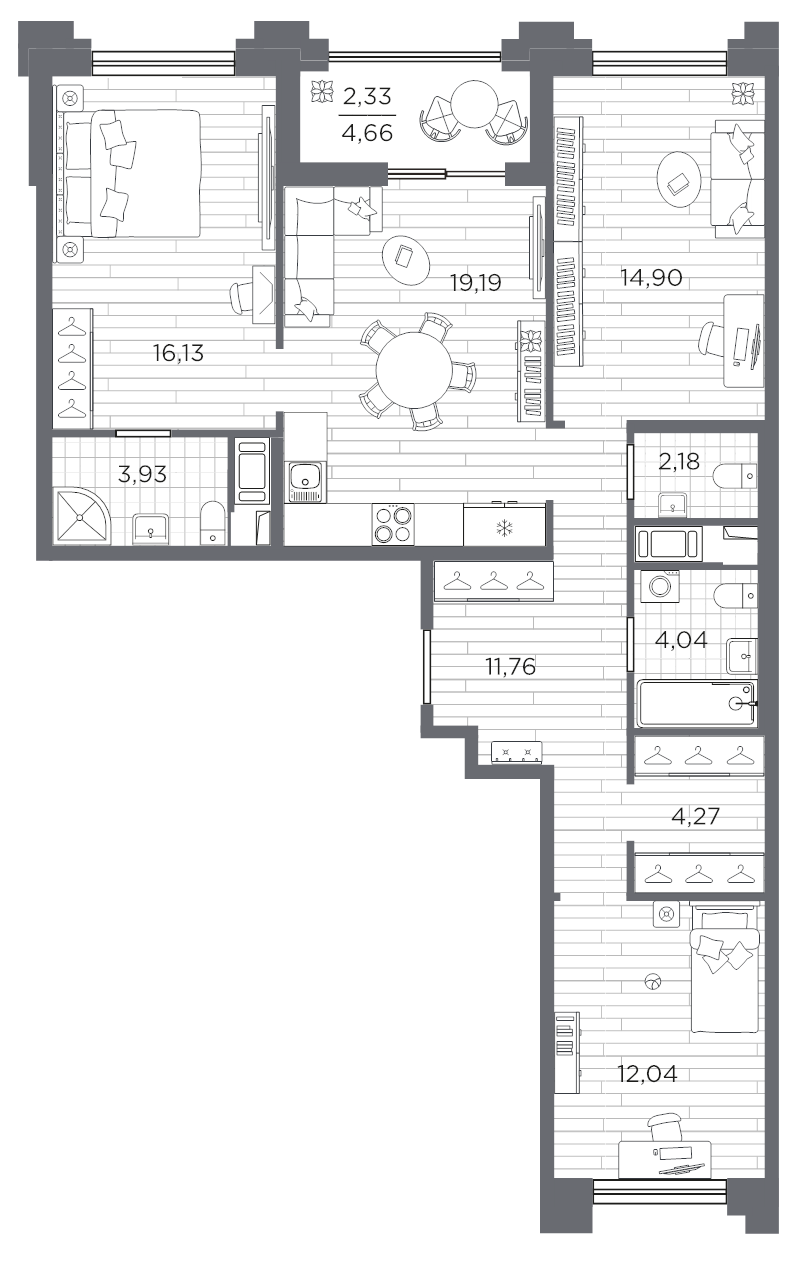4-комнатная (Евро) квартира, 90.77 м² в ЖК "Ассамблея" - планировка, фото №1