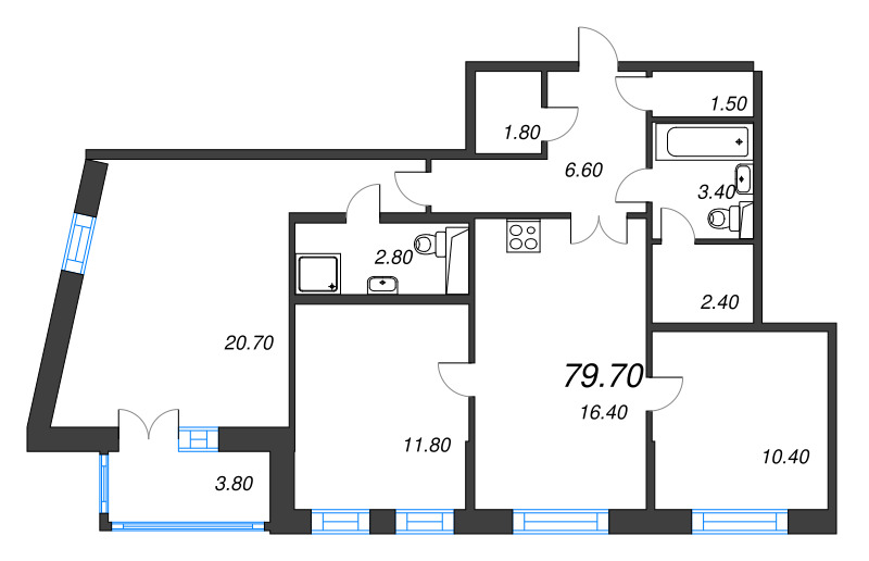 3-комнатная квартира, 79.7 м² в ЖК "NewПитер 2.0" - планировка, фото №1