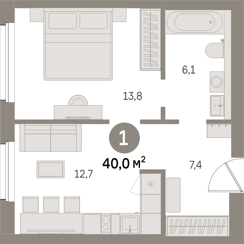 1-комнатная квартира, 40 м² в ЖК "Северный ветер" - планировка, фото №1