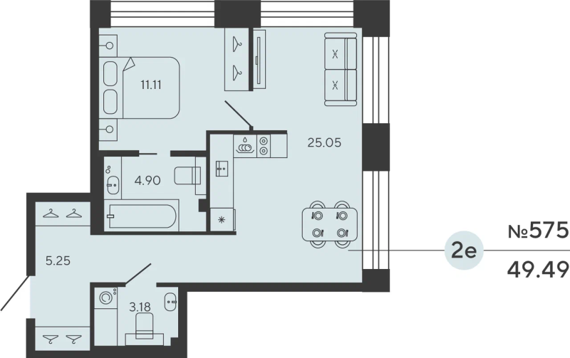 2-комнатная (Евро) квартира, 49.49 м² в ЖК "Bashni Element" - планировка, фото №1