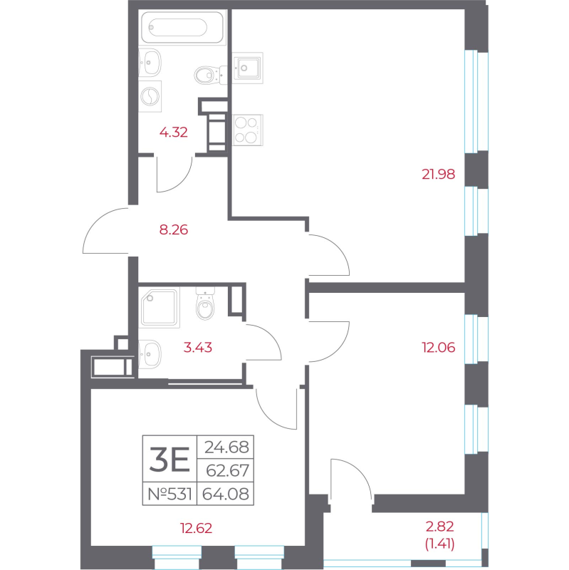 3-комнатная (Евро) квартира, 64.08 м² в ЖК "Город-спутник Южный" - планировка, фото №1