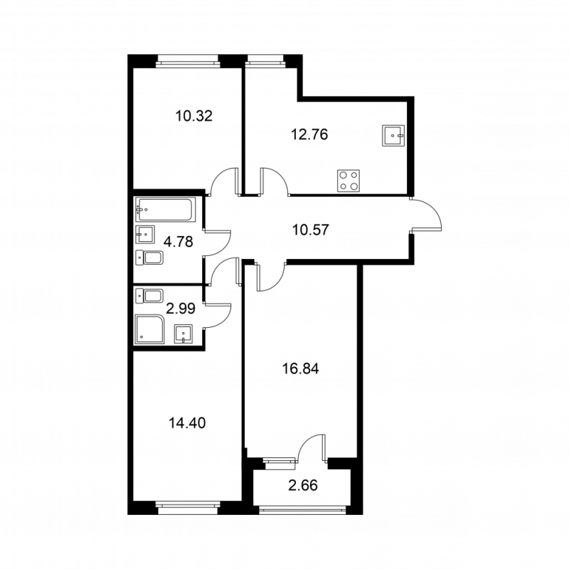 3-комнатная квартира, 73.99 м² - планировка, фото №1