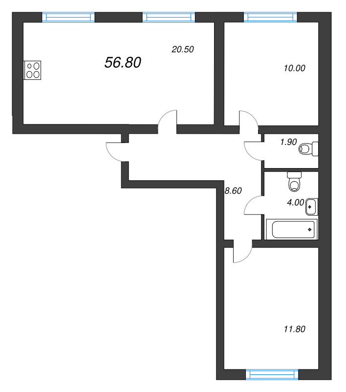 3-комнатная (Евро) квартира, 56.8 м² в ЖК "Ручьи" - планировка, фото №1