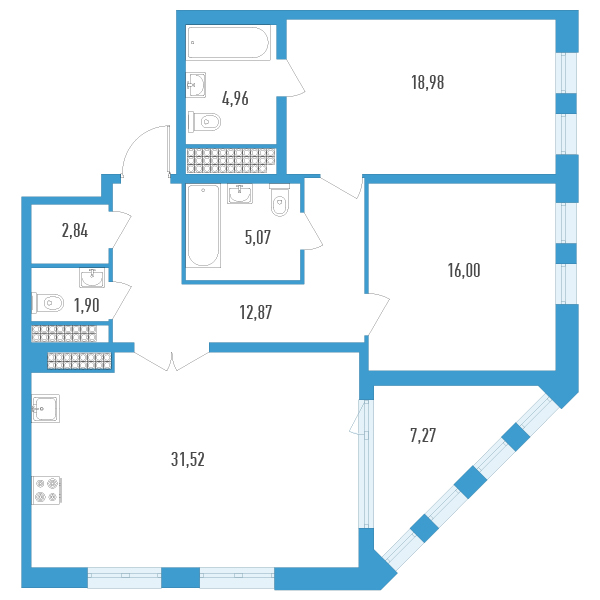 2-комнатная квартира, 97.78 м² - планировка, фото №1