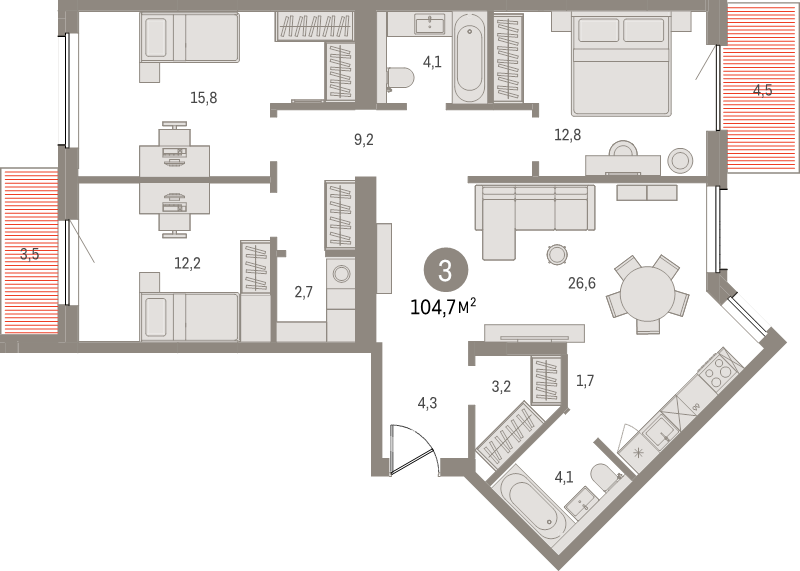 4-комнатная (Евро) квартира, 104.3 м² в ЖК "Северный ветер" - планировка, фото №1