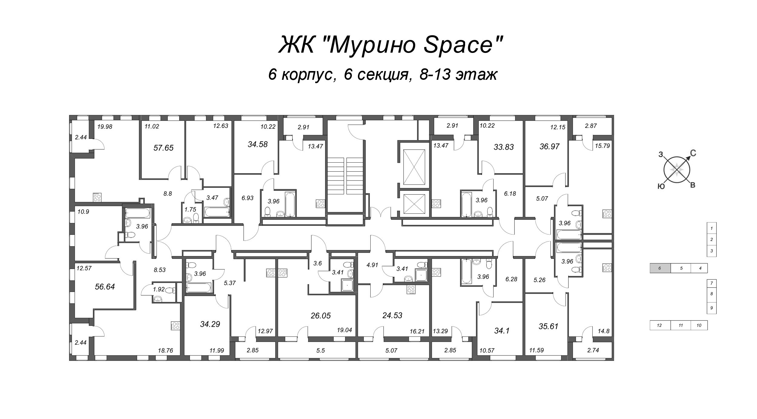 2-комнатная (Евро) квартира, 33.83 м² в ЖК "Мурино Space" - планировка этажа